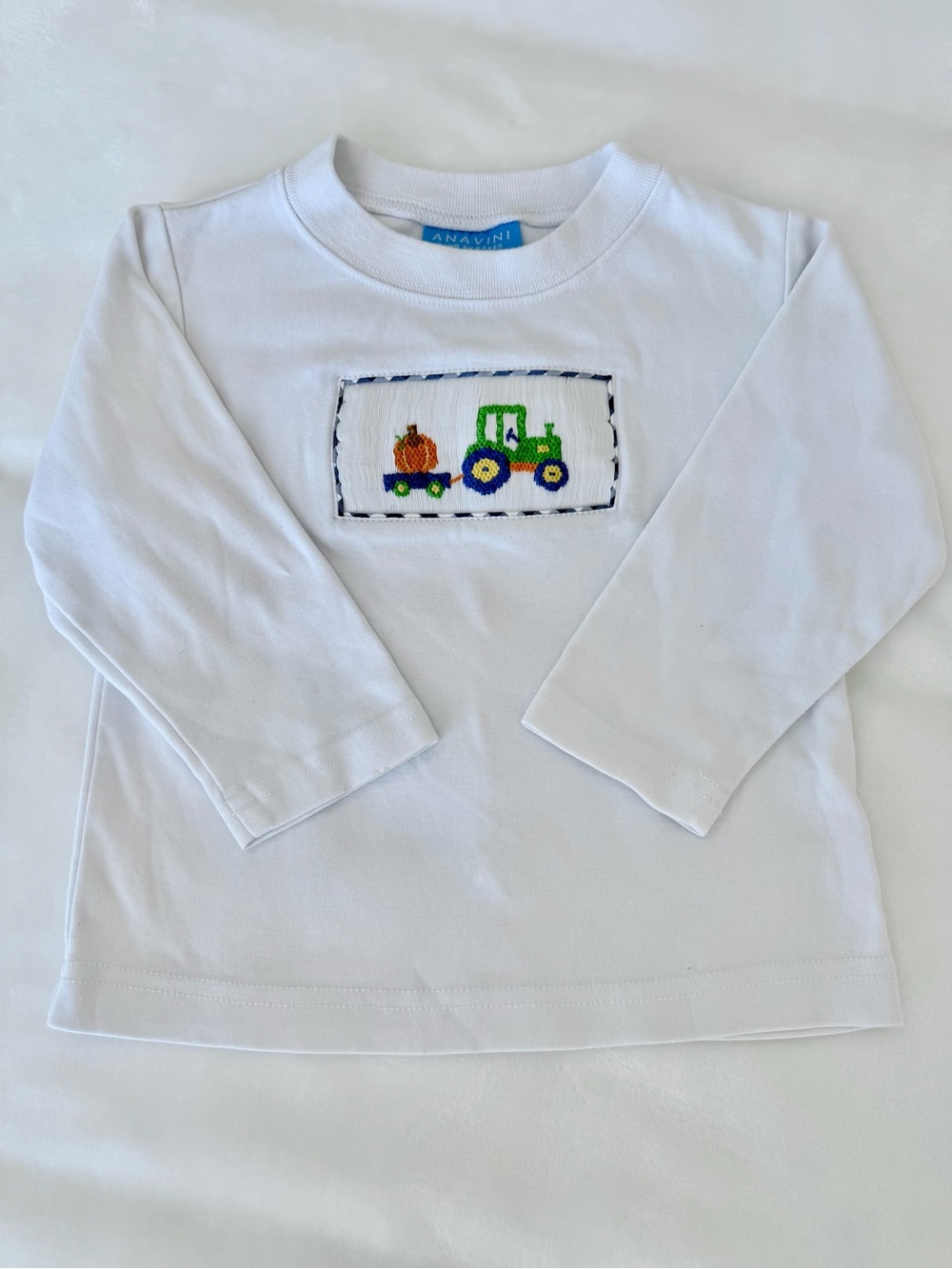Anavini Toddler Long-Sleeve Smocked Pumpkin & Tractor Shirt (size 3T)?